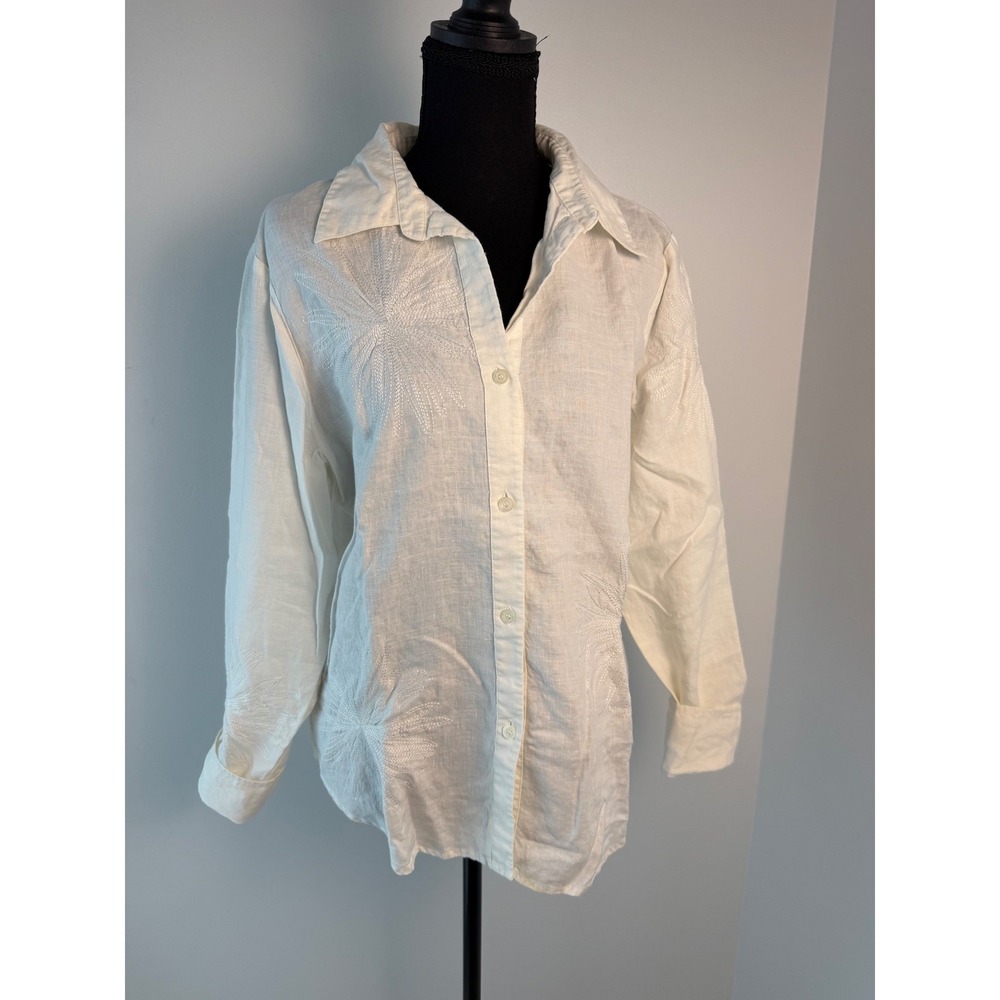 Linen Embroidered Button Down Coastal Grandma Quiet Luxury Vacation Old Money L